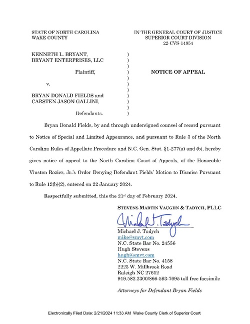 Notice of Appeal of Order Denying Defendant Fields' Motion to Dismiss